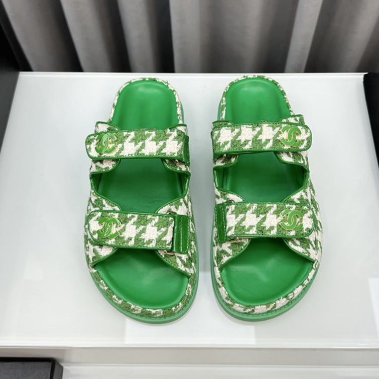 CHANEL dad sandals green white mules
