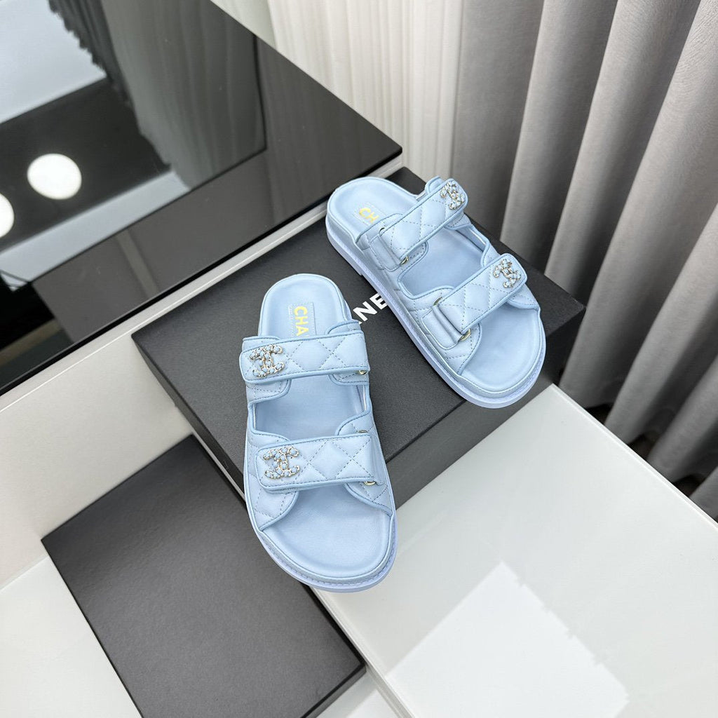 CHANEL dad sandals cloud blue lambskin mules
