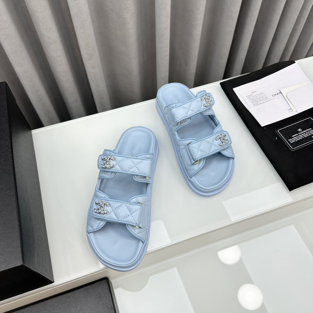CHANEL dad sandals cloud blue lambskin mules