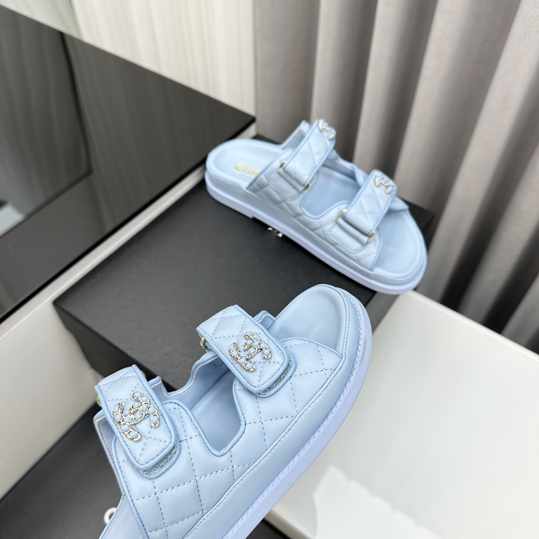 CHANEL dad sandals cloud blue lambskin mules