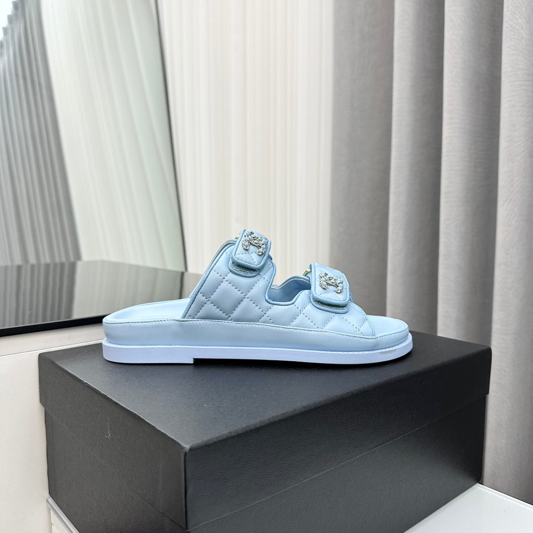 CHANEL dad sandals cloud blue lambskin mules