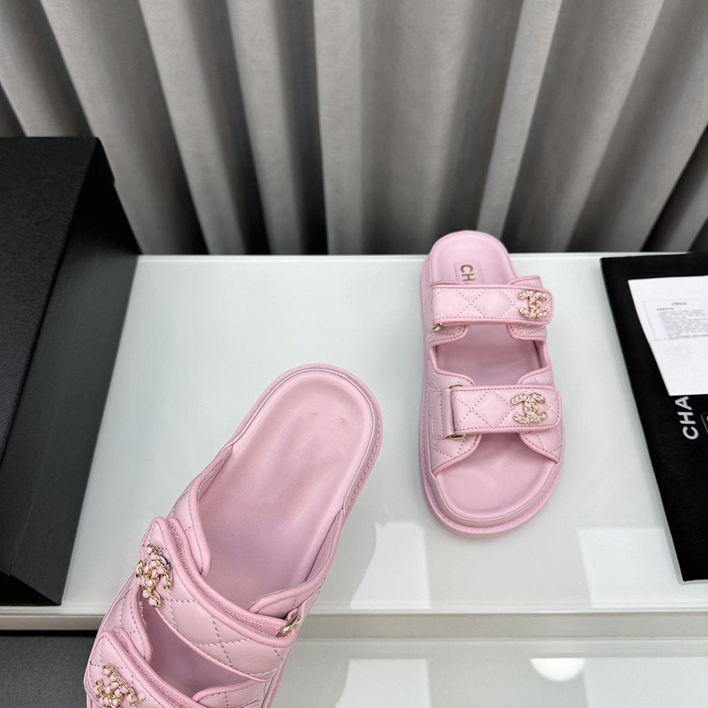CHANEL dad sandals pink lambskin mules
