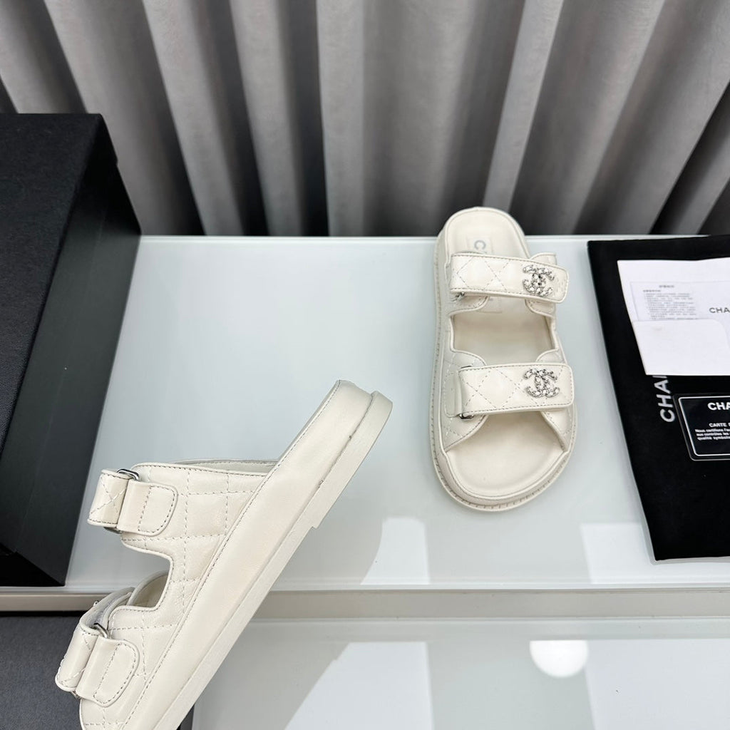 CHANEL dad sandals white lambskin interwoven leather
