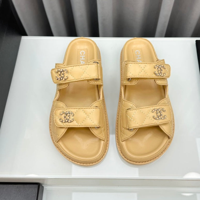 CHANEL dad sandals beige lambskin interwomen leather