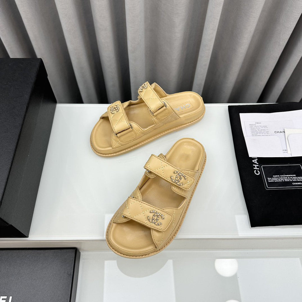 CHANEL dad sandals beige lambskin interwomen leather