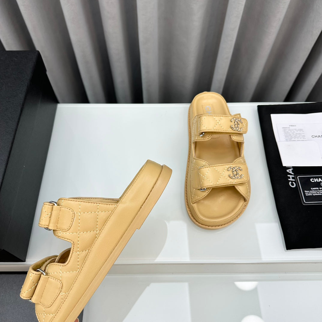 CHANEL dad sandals beige lambskin interwomen leather