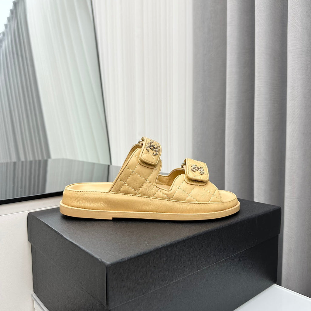 CHANEL dad sandals beige lambskin interwomen leather