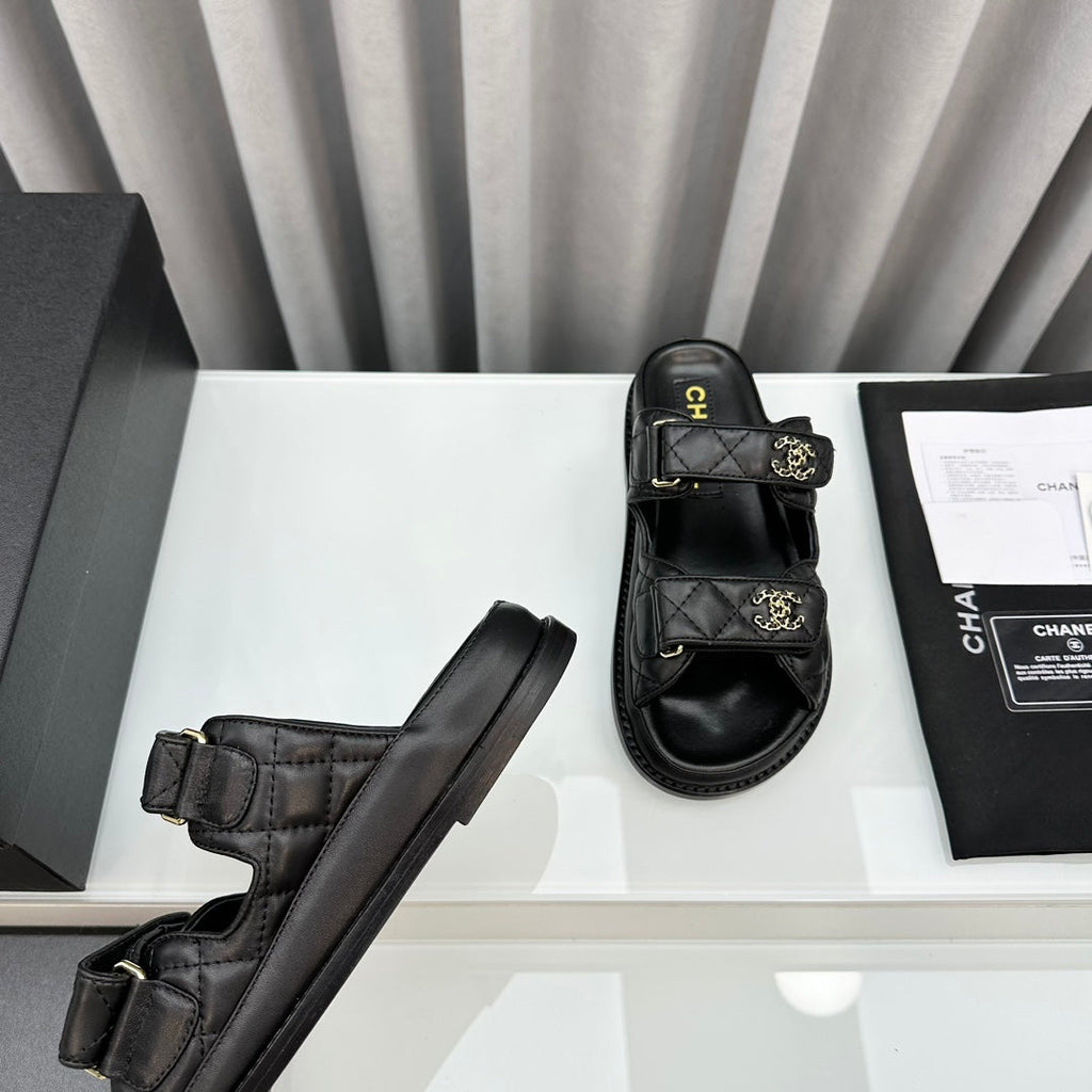 CHANEL dad sandals black patent interwoven leather