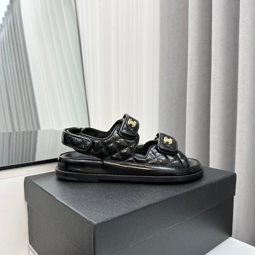 CHANEL dad sandals black patent lambskin