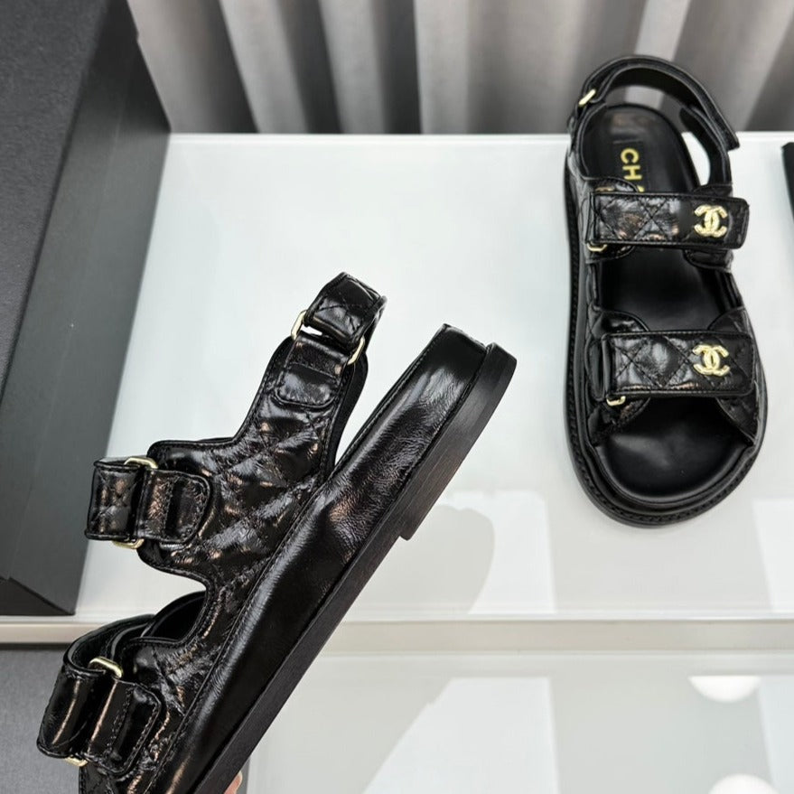 CHANEL dad sandals black patent lambskin