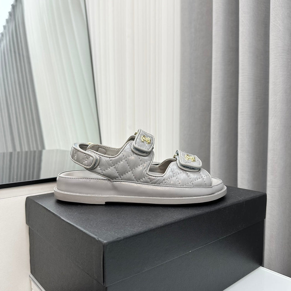 CHANEL dad sandals grey patent lambskin