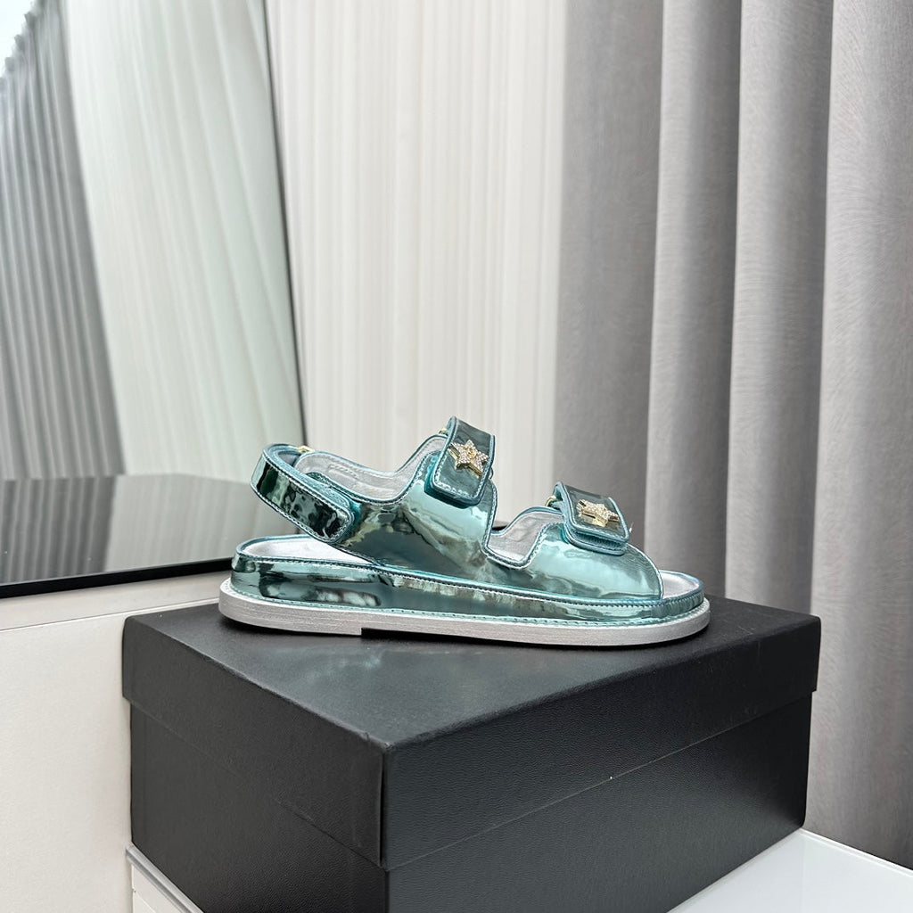 CHANEL dad sandals cloud blue metalic lambskin