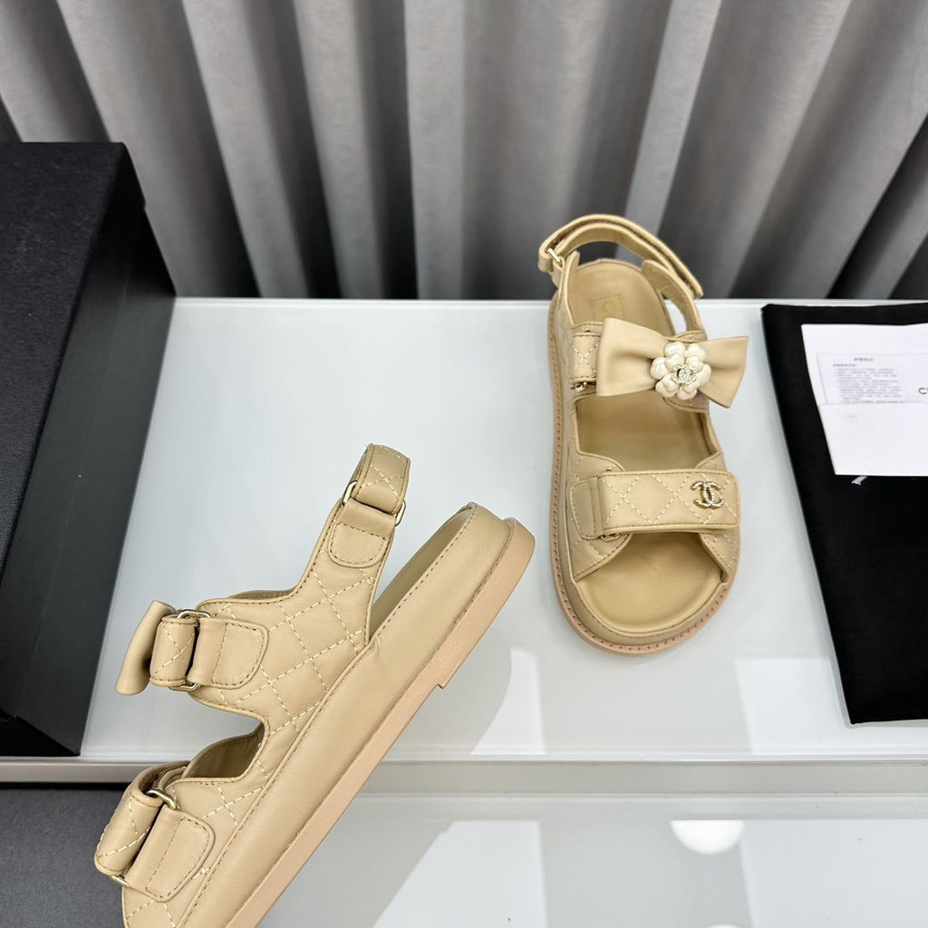 CHANEL dad sandals beige bow tie lambskin