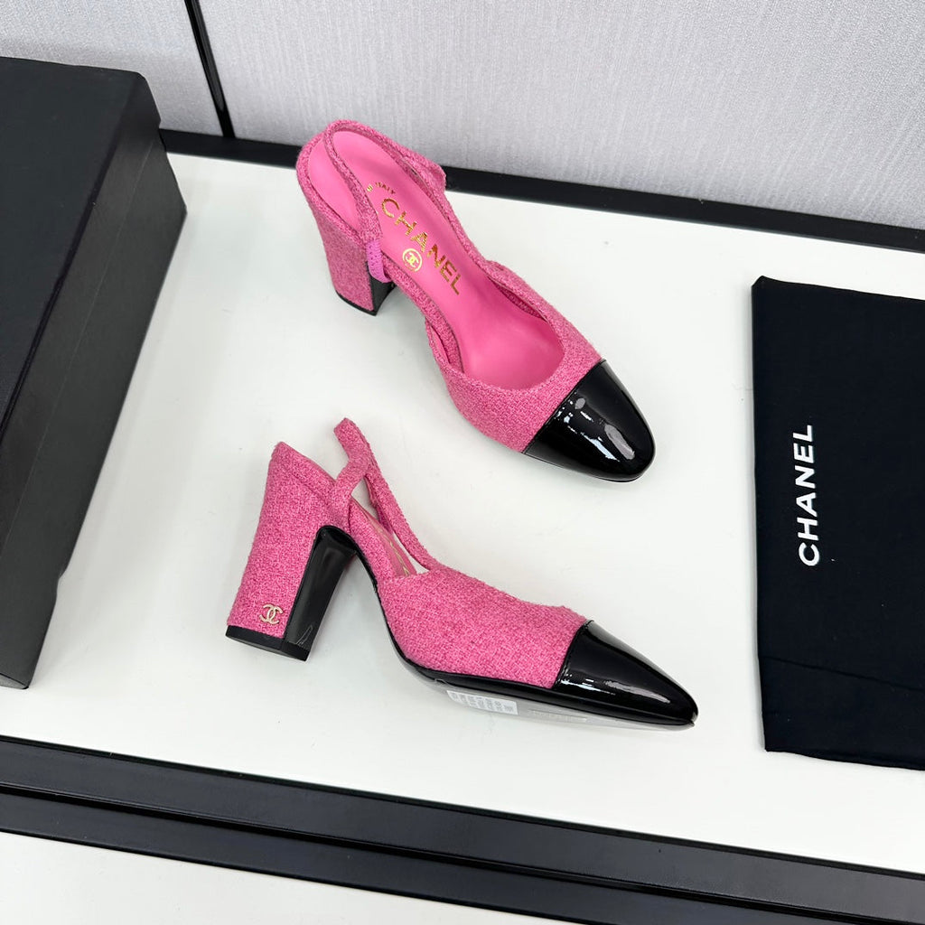 CHANEL HIGH SLINGBACK BRIGHT PINK TWEED AND BLACK CALFSKIN