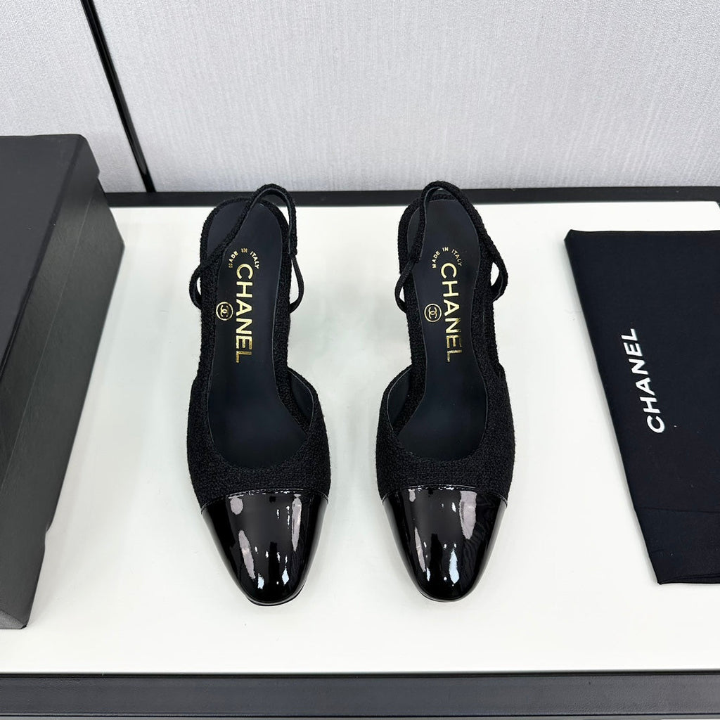 CHANEL HIGH SLINGBACK BLACK TWEED AND CALFSKIN