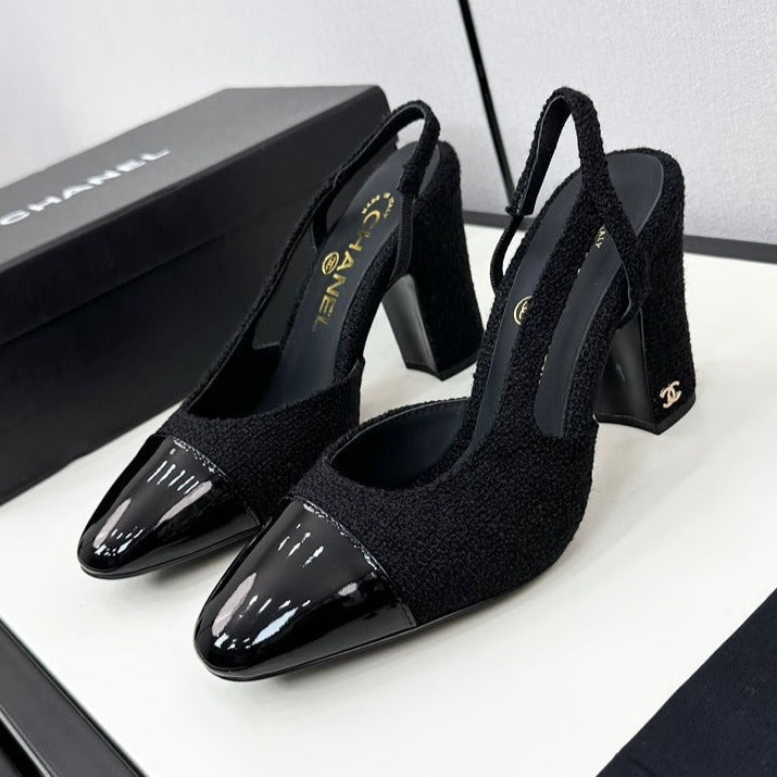 CHANEL HIGH SLINGBACK BLACK TWEED AND CALFSKIN