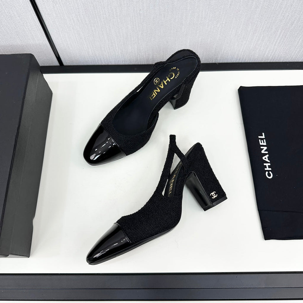 CHANEL HIGH SLINGBACK BLACK TWEED AND CALFSKIN