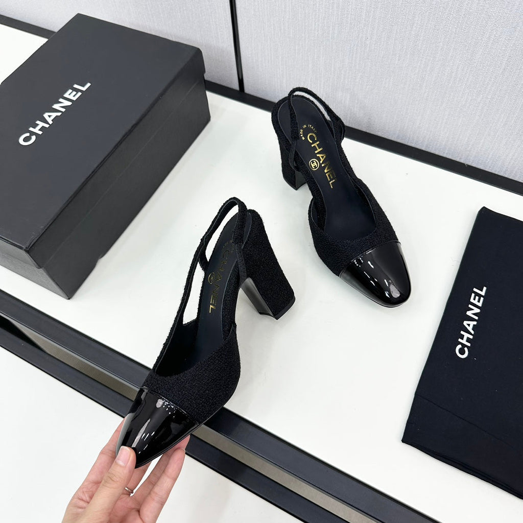 CHANEL HIGH SLINGBACK BLACK TWEED AND CALFSKIN