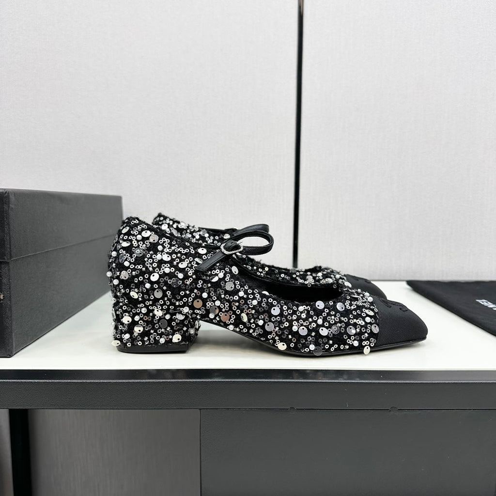 CHANEL MARY JANE IN BLACK SEQUINS AND VELVET