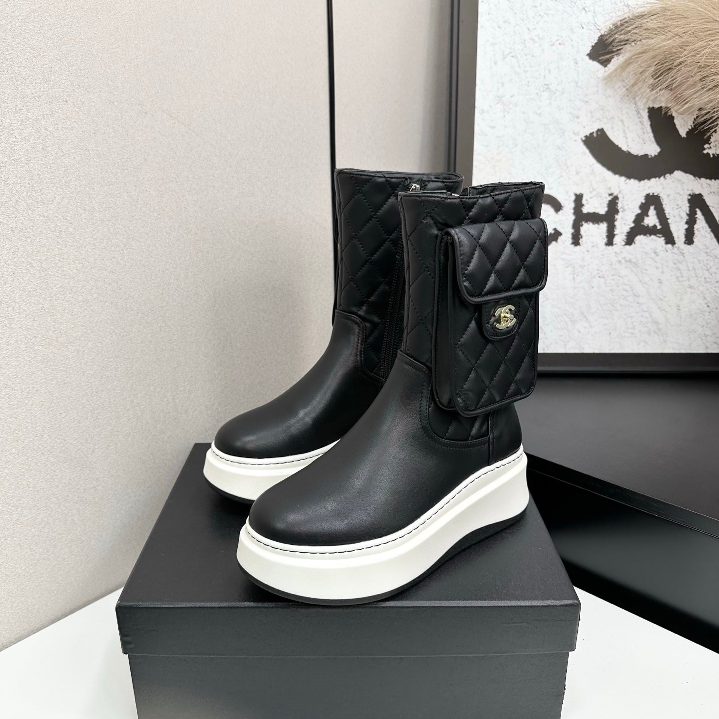 CHANEL 25S WEDGE ANKLE BOOTS IN BLACK CALFSKIN SILVER HARDWARE