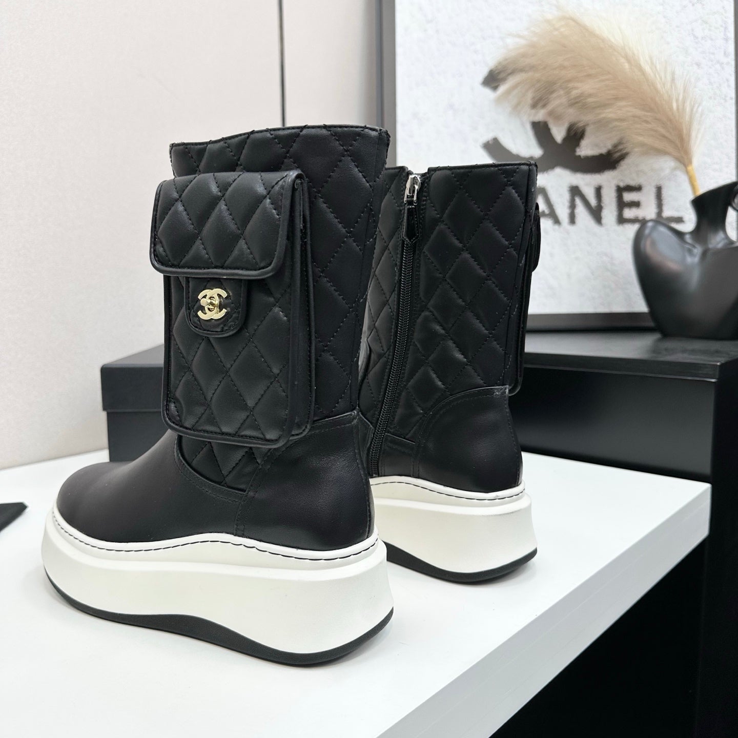 CHANEL 25S WEDGE ANKLE BOOTS IN BLACK CALFSKIN SILVER HARDWARE