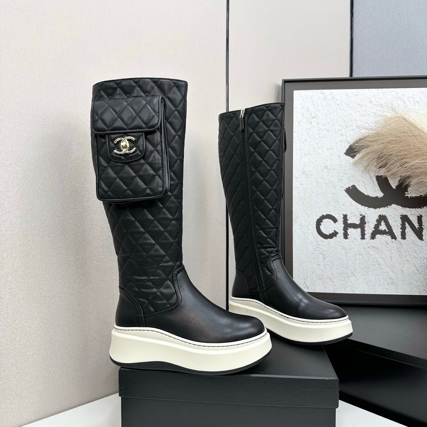 CHANEL 25S WEDGE KNEE-HIGH BOOTS IN BLACK CALFSKIN SILVER HARDWARE