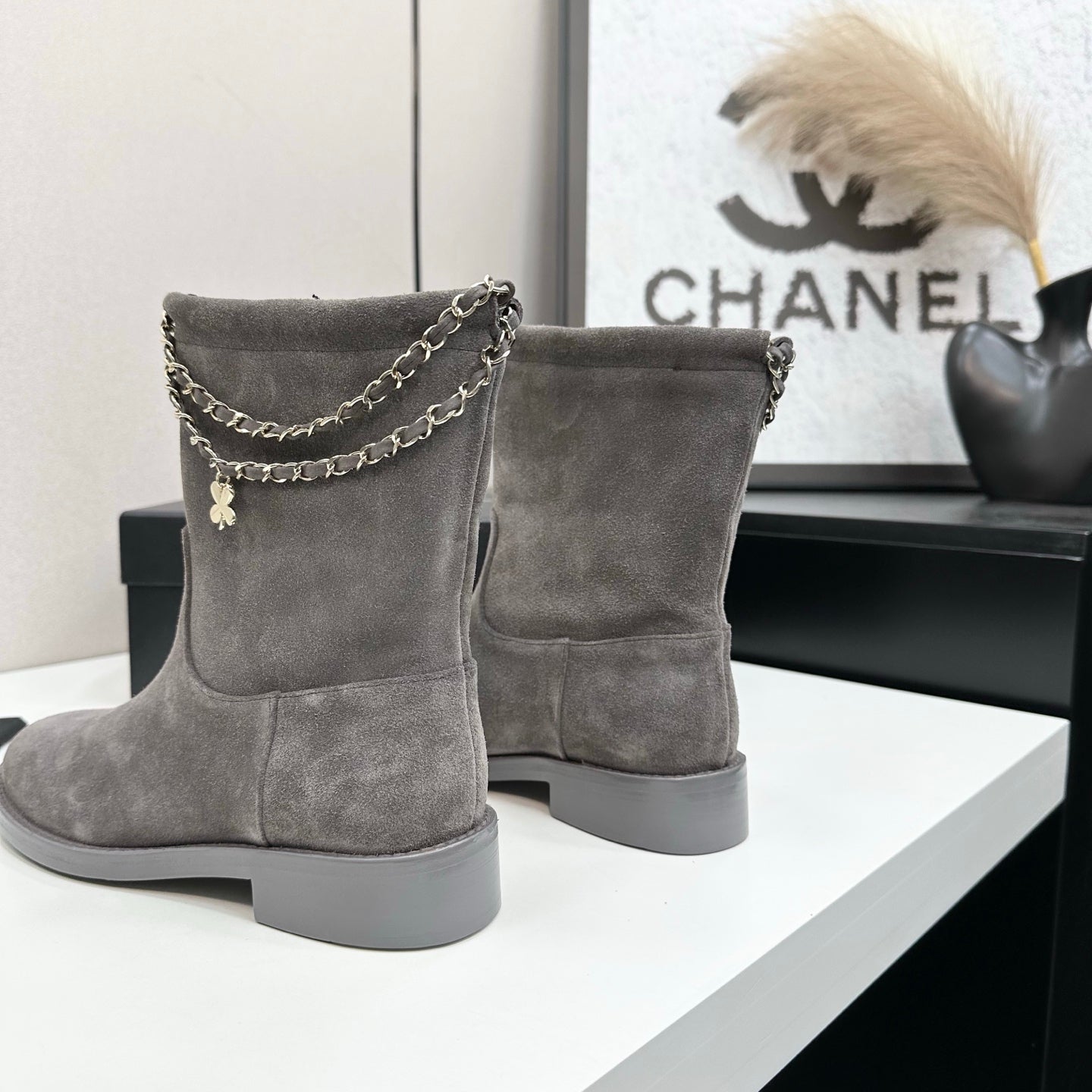 CHANEL 25S SHORT BOOTS IN GRAY SUEDE SILVER HARDWARE