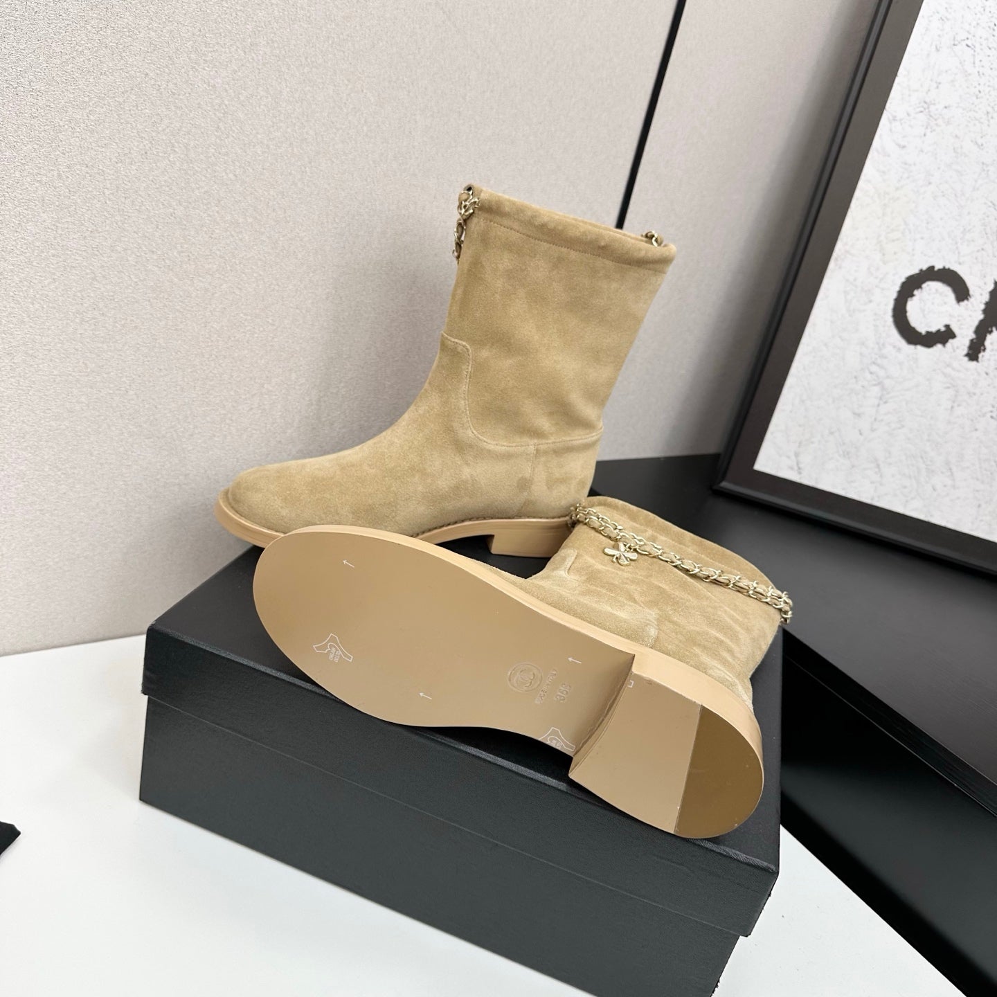 CHANEL 25S SHORT BOOTS IN LIGHT GOLD SUEDE SILVER HARDWARE