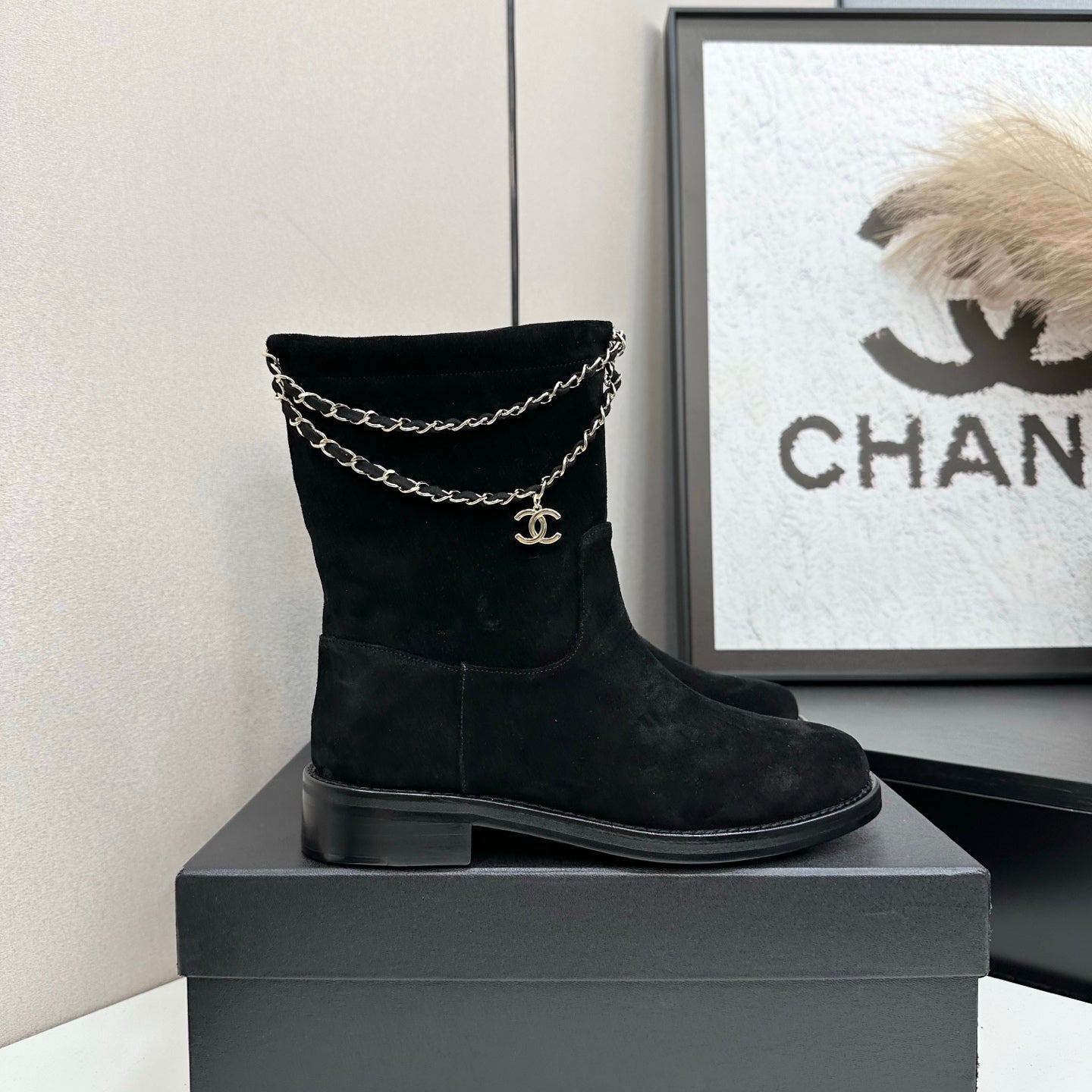 CHANEL 25S SHORT BOOTS IN BLACK SUEDE SILVER HARDWRE