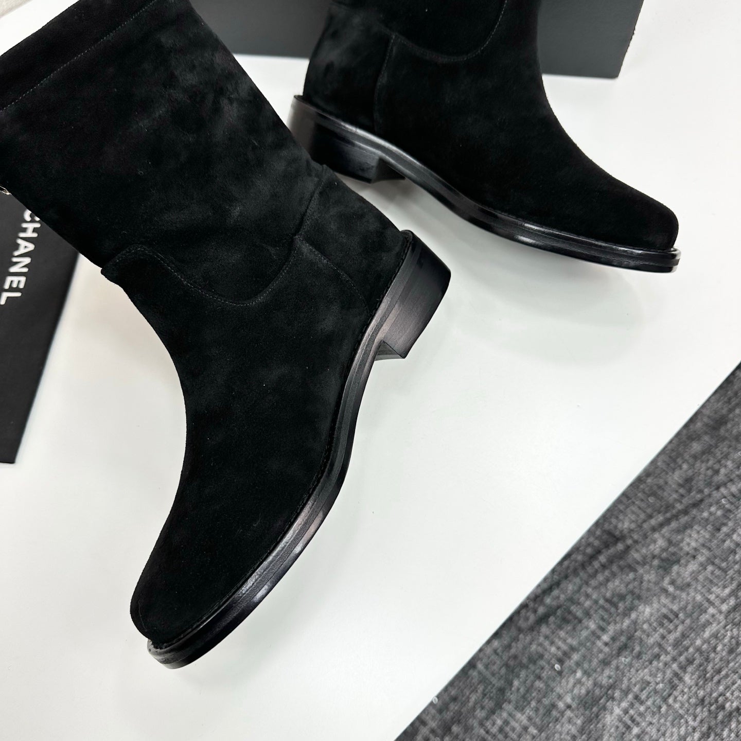 CHANEL 25S SHORT BOOTS IN BLACK SUEDE SILVER HARDWARE