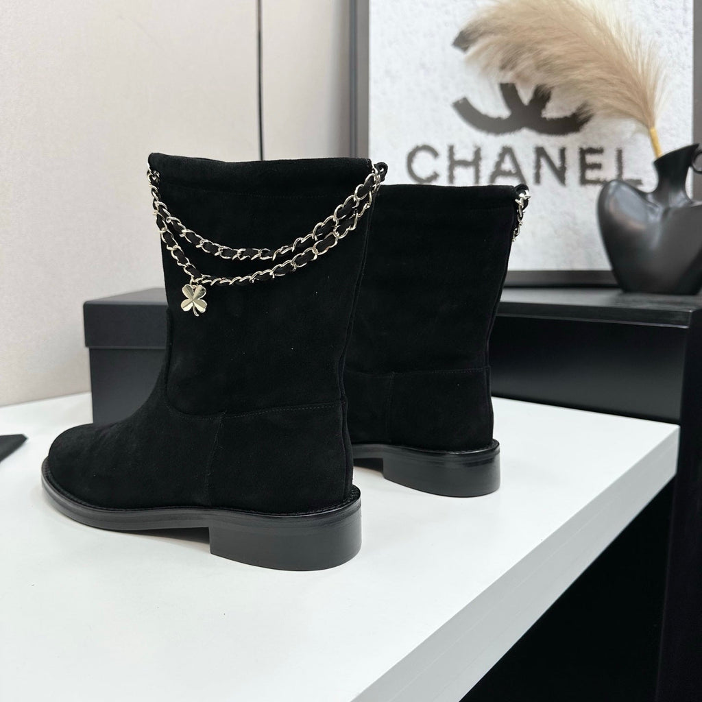 CHANEL 25S SHORT BOOTS IN BLACK SUEDE SILVER HARDWARE