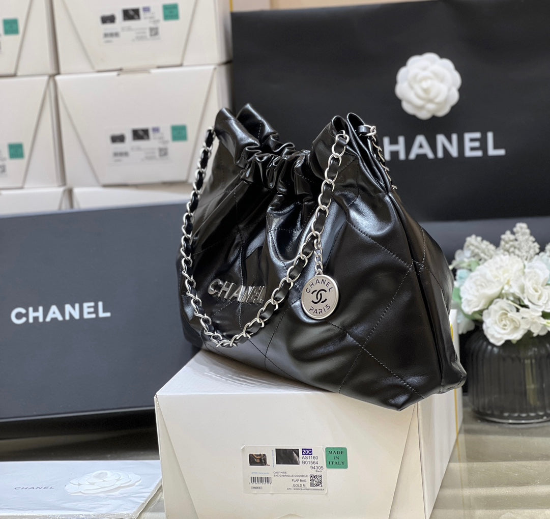 CHANEL 19 HOBO BAG 43CM BLACK GOATSKIN SILVER HARDWARE