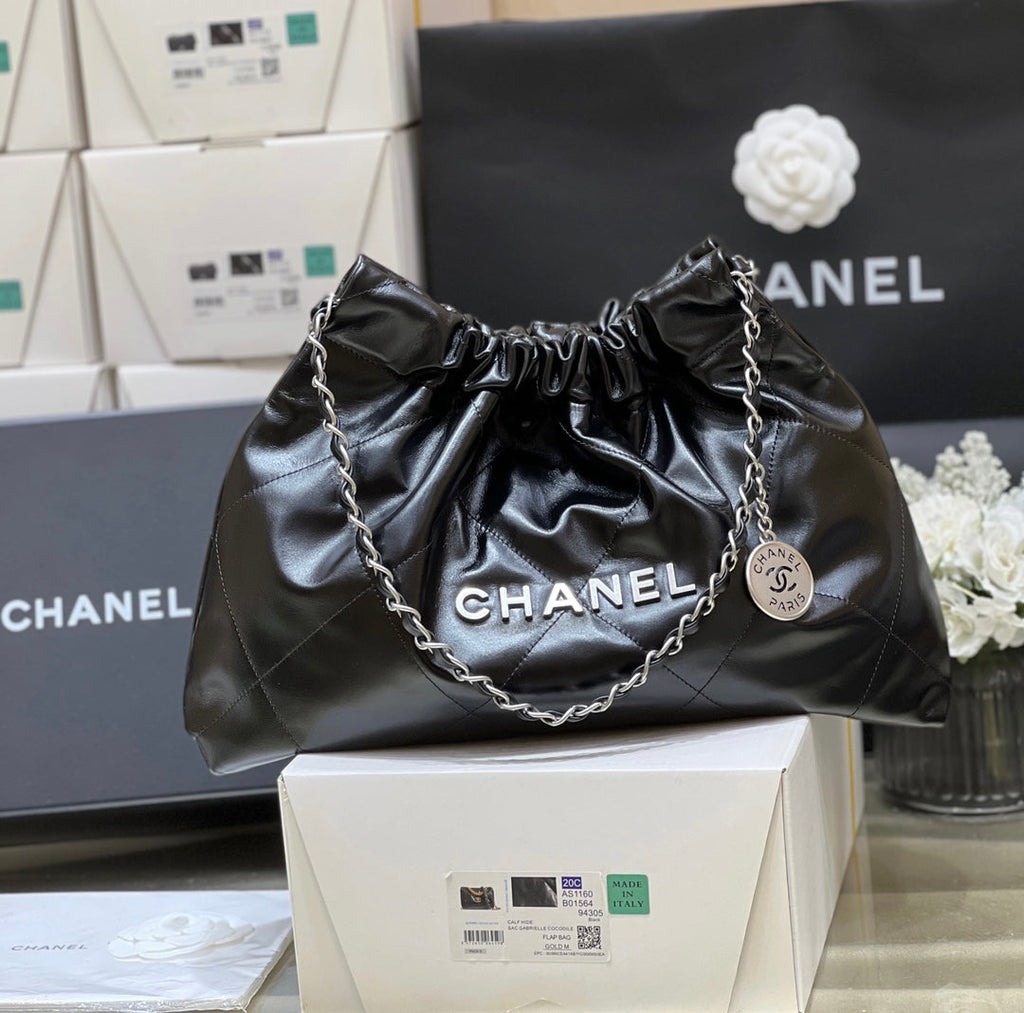 CHANEL 19 HOBO BAG 43CM BLACK GOATSKIN SILVER HARDWARE