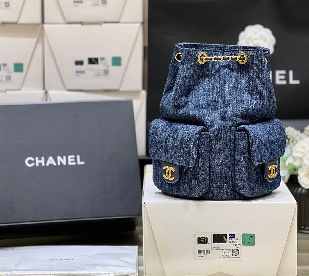 CHANEL DRAWSTRING BUCKET BACKPACK 24 IN DARK BLUE DENIM GOLD HARDWARE