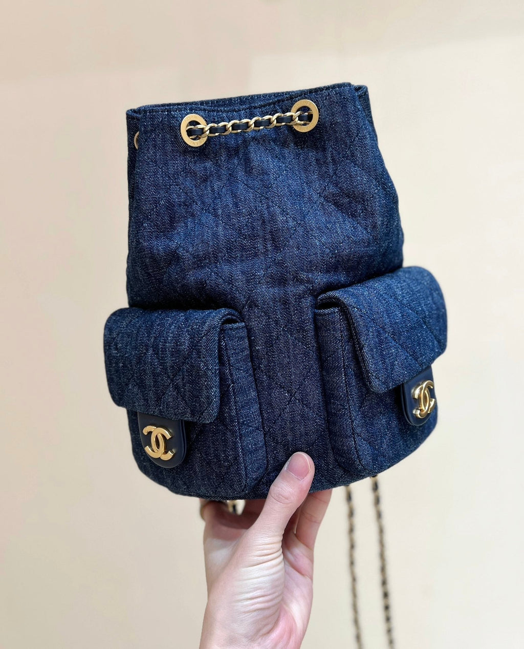 CHANEL DRAWSTRING BUCKET BACKPACK 24 IN DARK BLUE DENIM GOLD HARDWARE