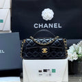 CHANEL QUILTED FLAP BAG WITH HANDLE 20 IN BLACK LAMBSKIN GOLD PLATED METAL