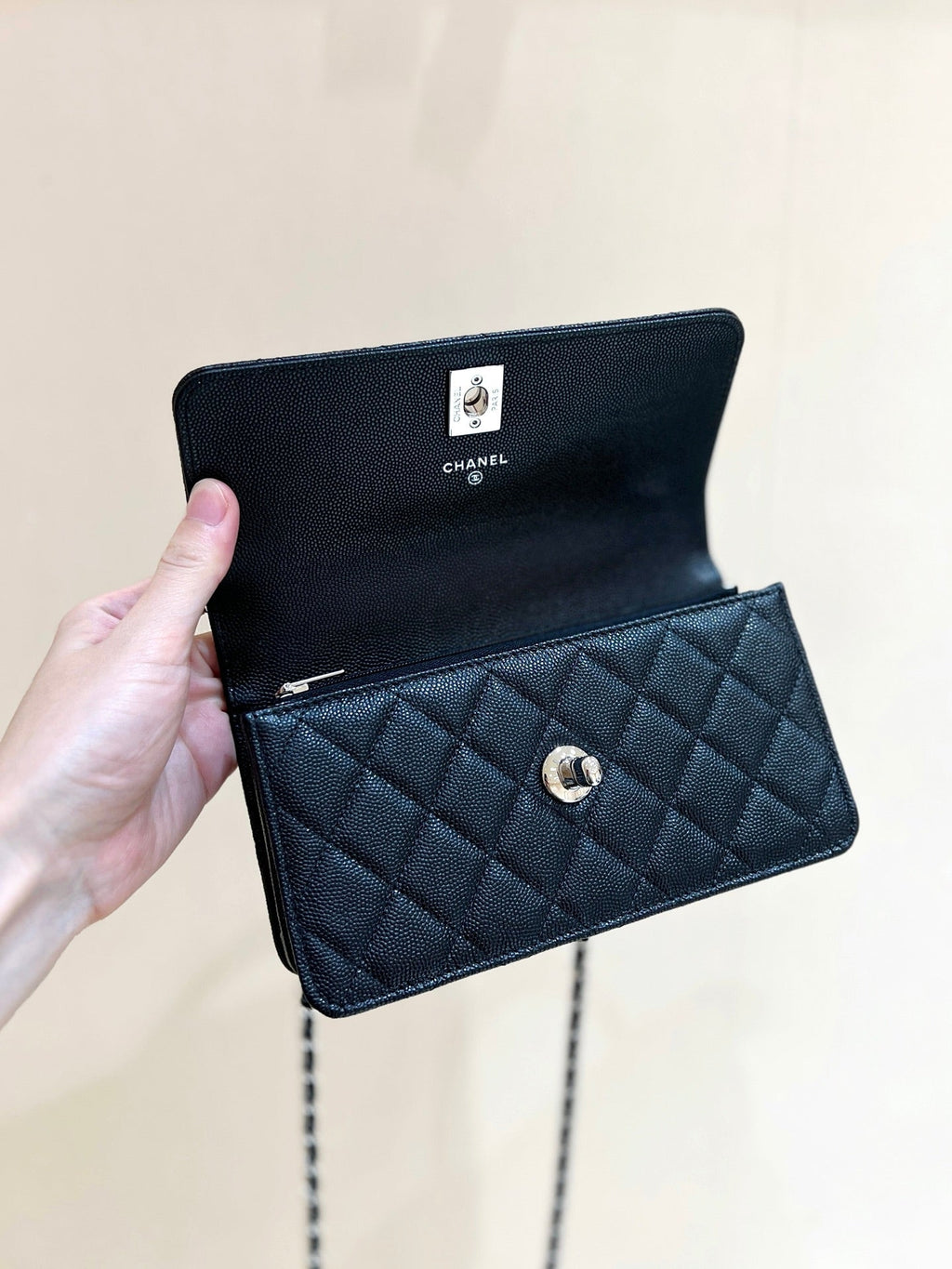 CHANEL FLAP BAG WITH SILVER-TONE HANDLE 18 IN BLACK LAMBSKIN