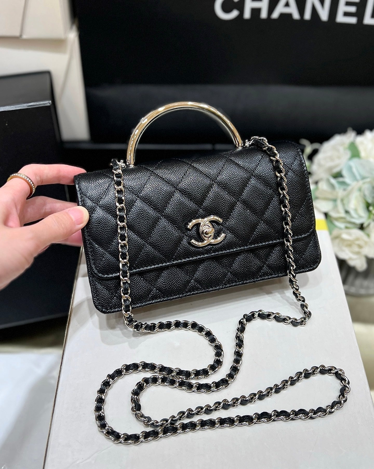 CHANEL FLAP BAG WITH SILVER-TONE HANDLE 18 IN BLACK LAMBSKIN