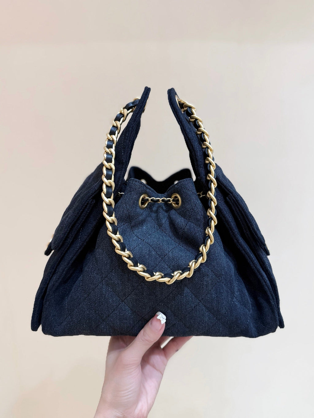 CHANEL 25 HANDBAG 30 IN DARK BLUE DENIM GOLD HARDWARE