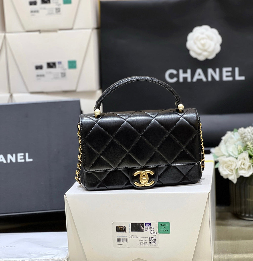 CHANEL PEARL LIMITED EDITION FLAP BAG WITH HANDLE 20 IN BLACK LAMBSKIN