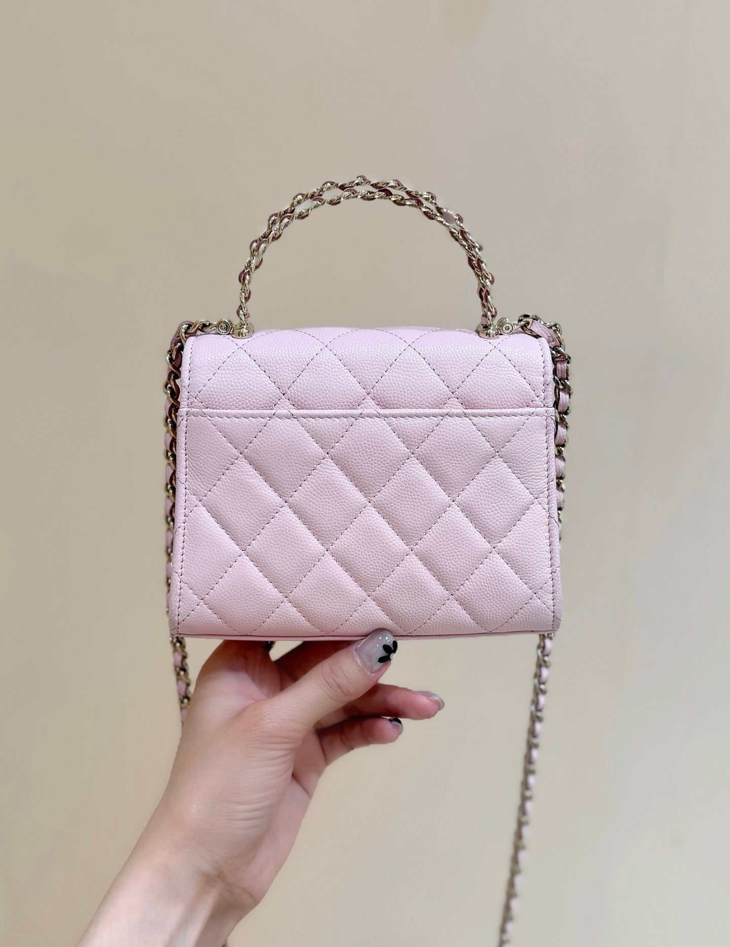 CHANEL QUILTED MINI FLAP BAG WITH HANDLE 14 IN BABY PINK LAMBSKIN GOLD PLATED METAL