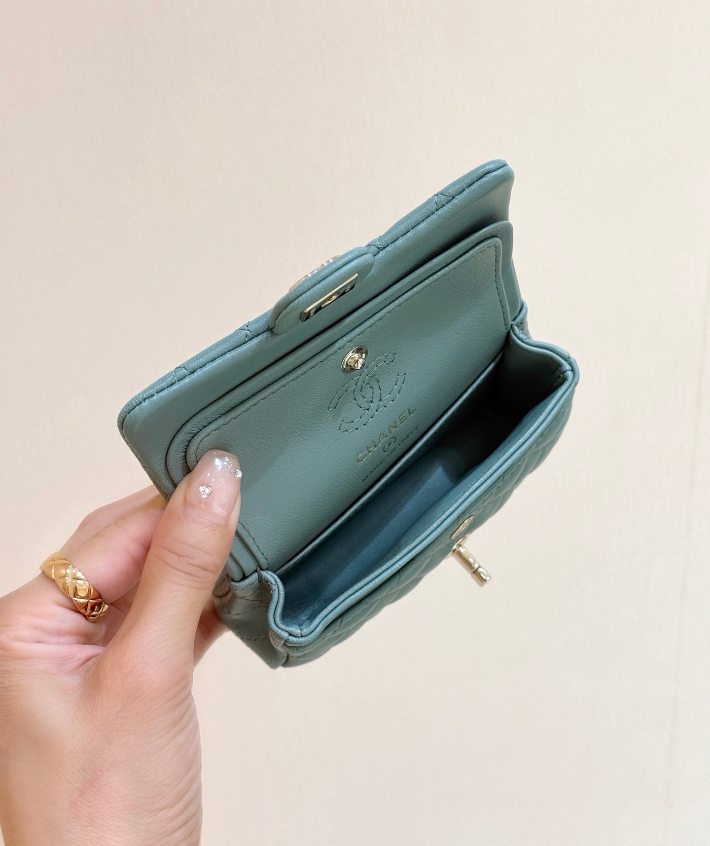 CHANEL 25S  MINI CF BAG 12 IN MUTED TEAL LAMBSKIN HEART MODEL
