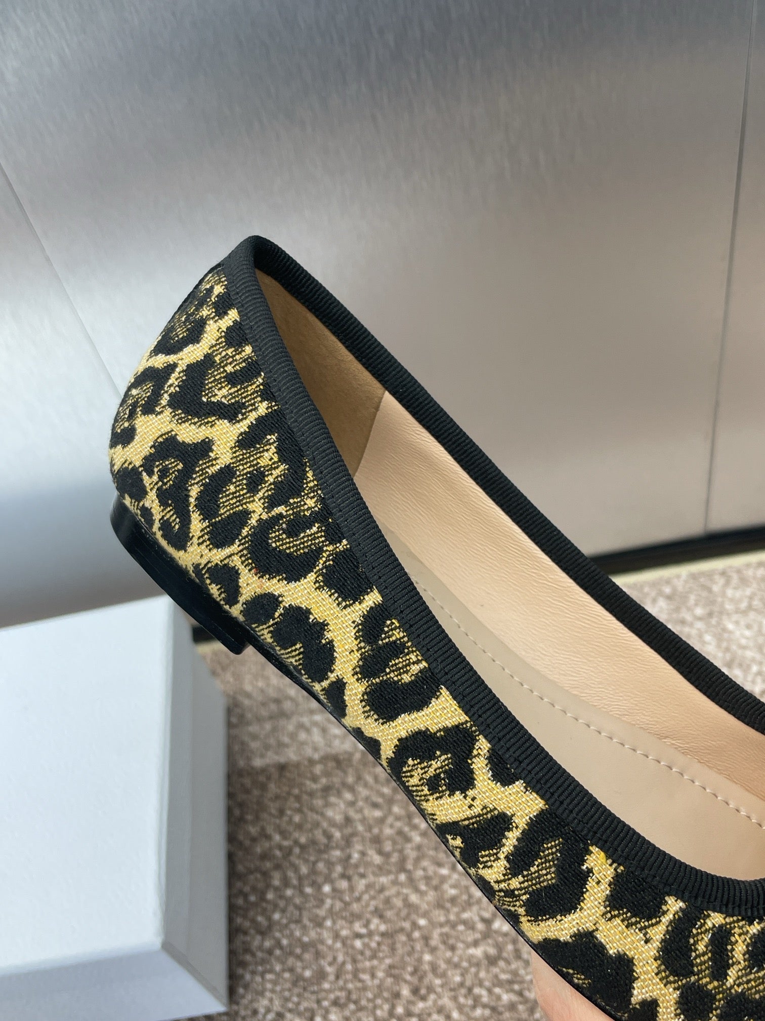 DIOR PEARL BALLET FLAT CAMEL PONY HAIR CALFSKIN WITH BROWN LEOPARD MOTIF