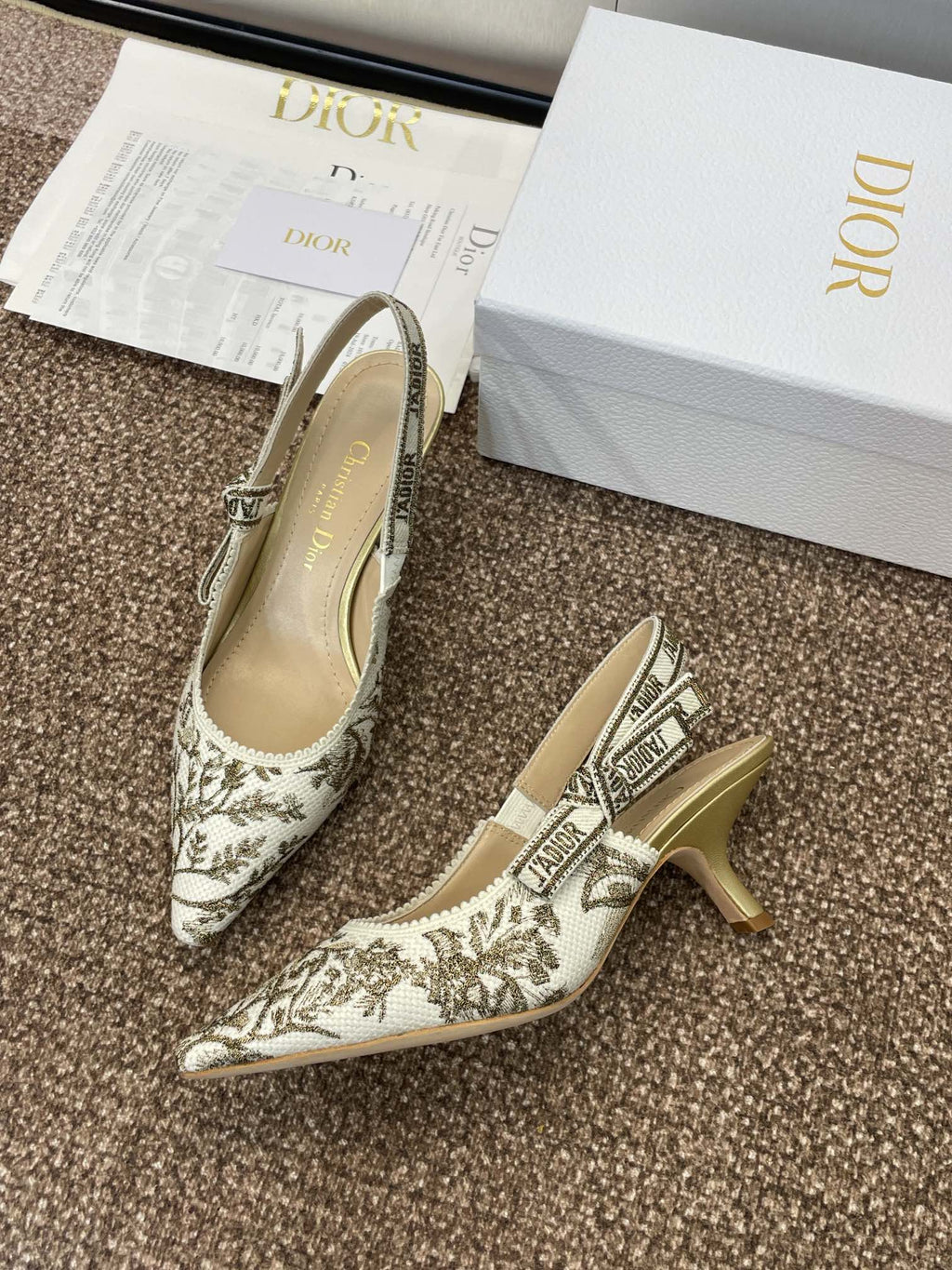 DIOR J'A HIGH SLINGBACK PUMP WHITE AND GOLD-TONE MILLEFIORI JACQUARD 65 MM