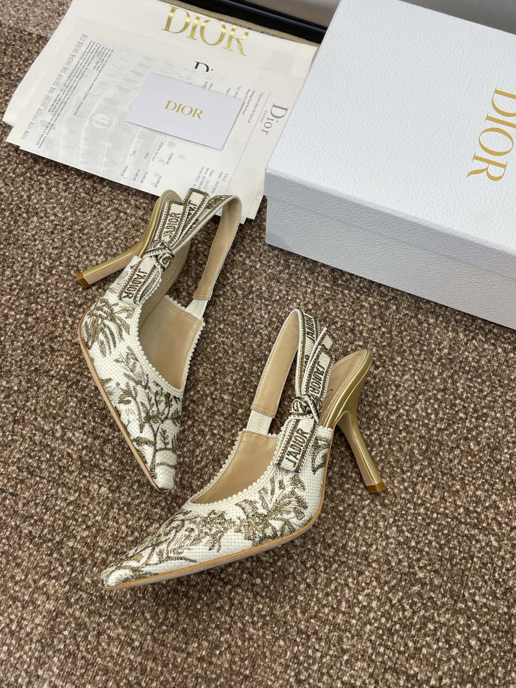 DIOR J'A HIGH SLINGBACK PUMP WHITE AND GOLD-TONE MILLEFIORI JACQUARD 95 MM