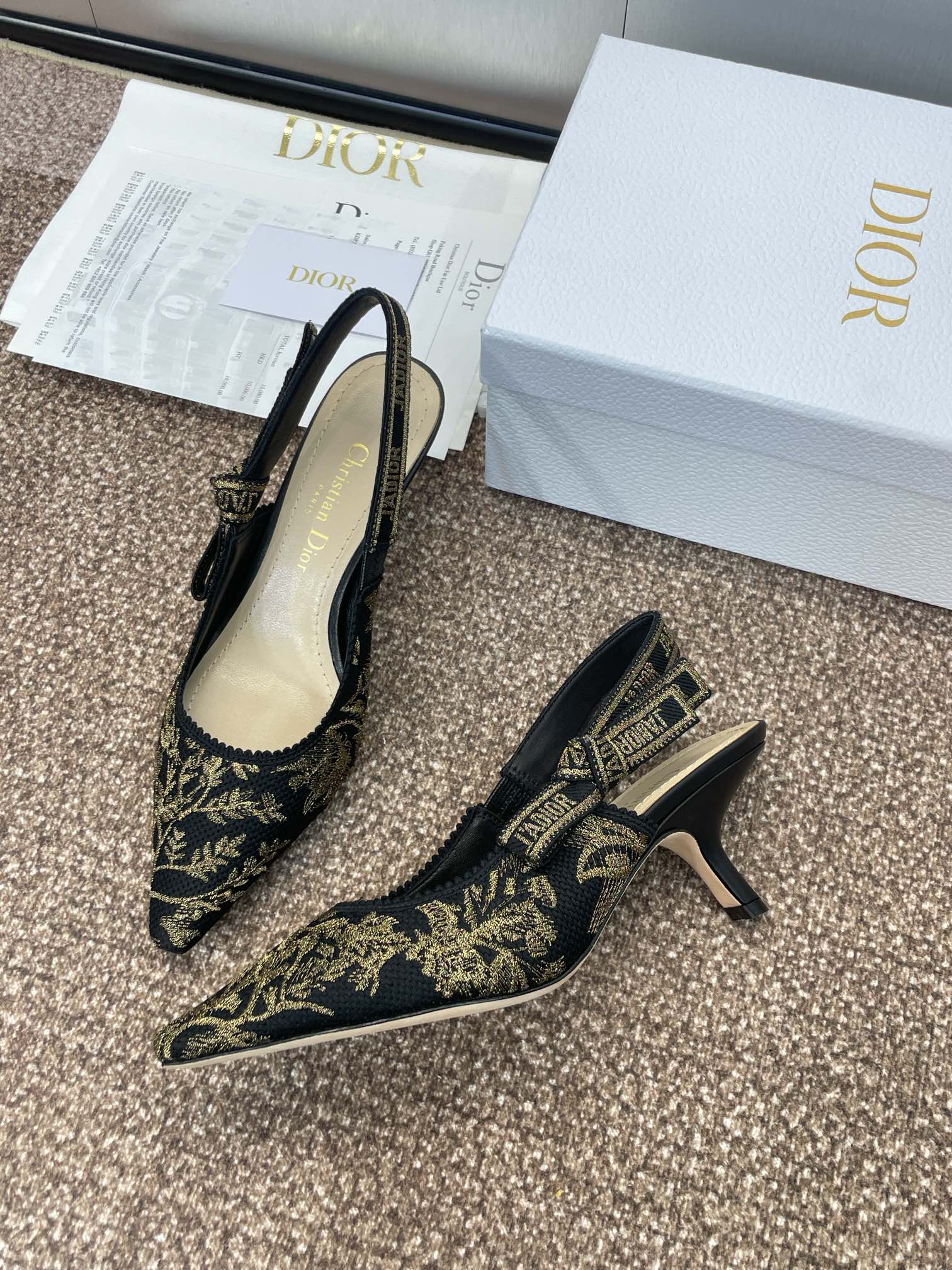 DIOR J'A HIGH SLINGBACK PUMP BLACK AND GOLD-TONE MILLEFIORI JACQUARD 65 MM