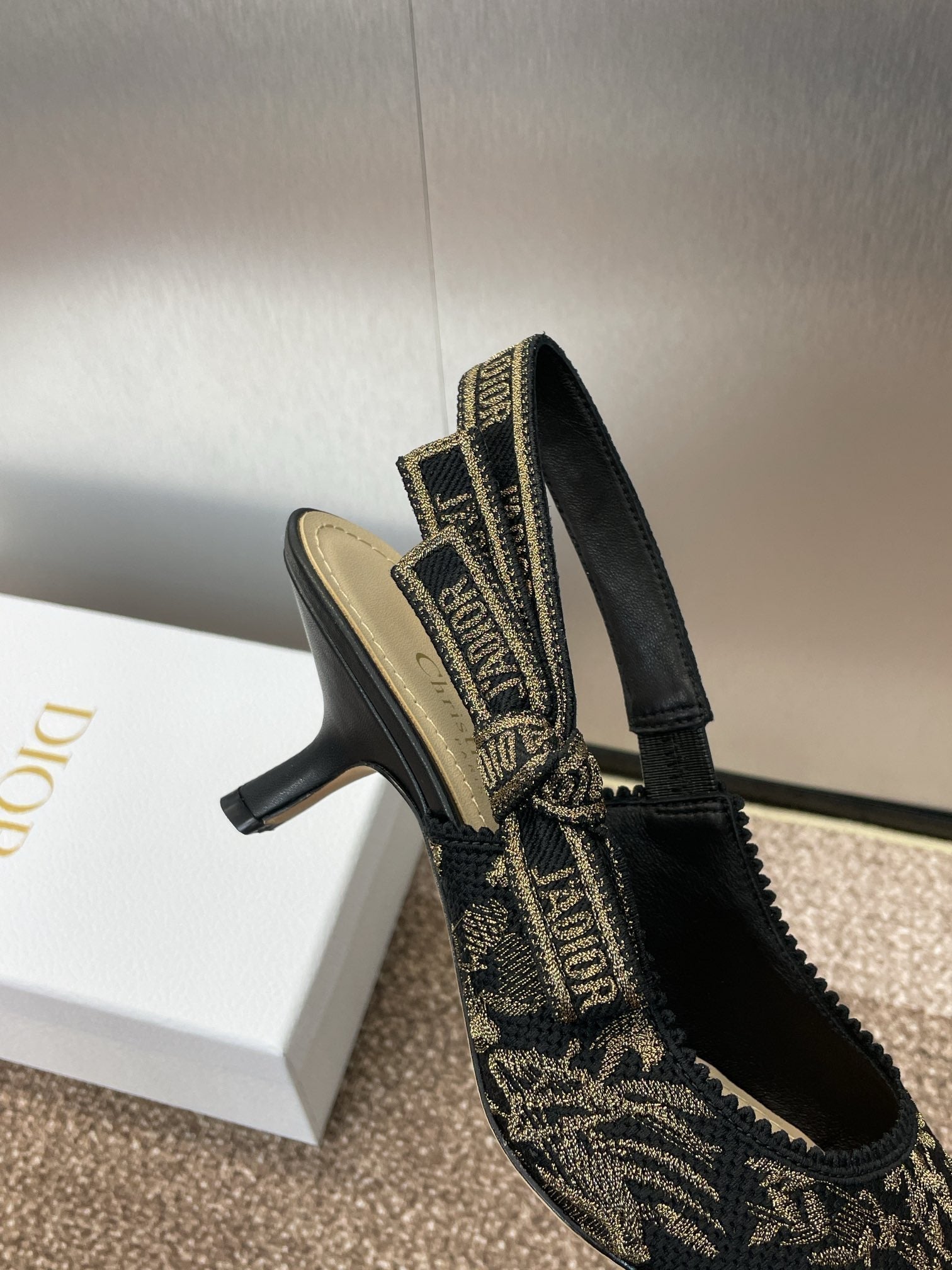 DIOR J'A HIGH SLINGBACK PUMP BLACK AND GOLD-TONE MILLEFIORI JACQUARD 65 MM