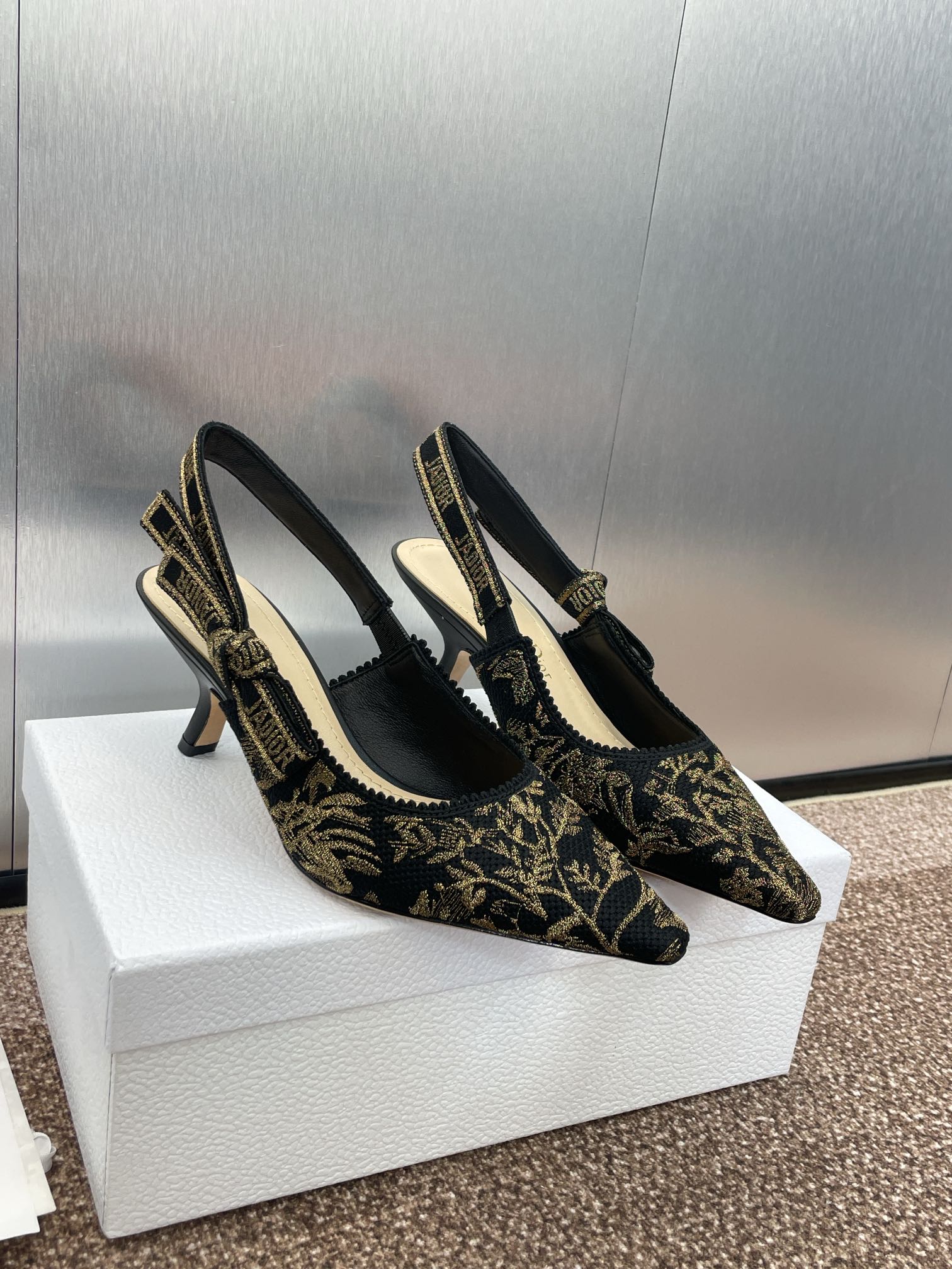 DIOR J'A HIGH SLINGBACK PUMP BLACK AND GOLD-TONE MILLEFIORI JACQUARD 65 MM