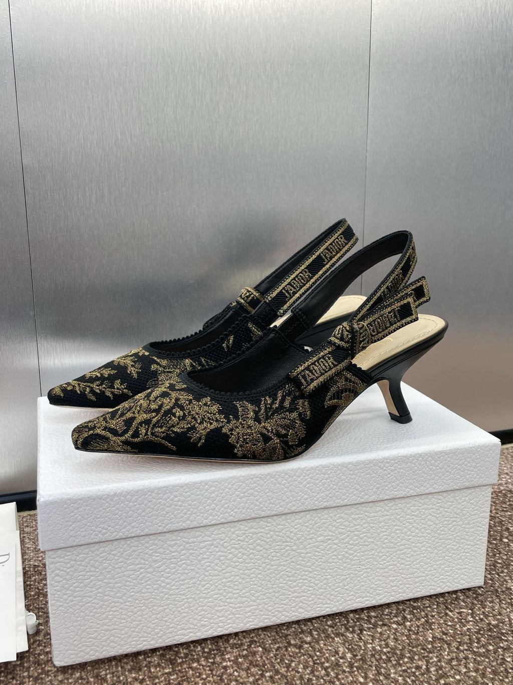 DIOR J'A HIGH SLINGBACK PUMP BLACK AND GOLD-TONE MILLEFIORI JACQUARD 65 MM
