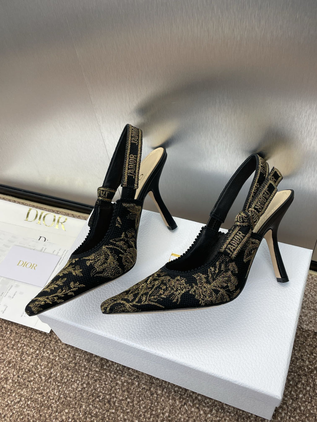 DIOR J'A HIGH SLINGBACK PUMP BLACK AND GOLD-TONE MILLEFIORI JACQUARD 95 MM